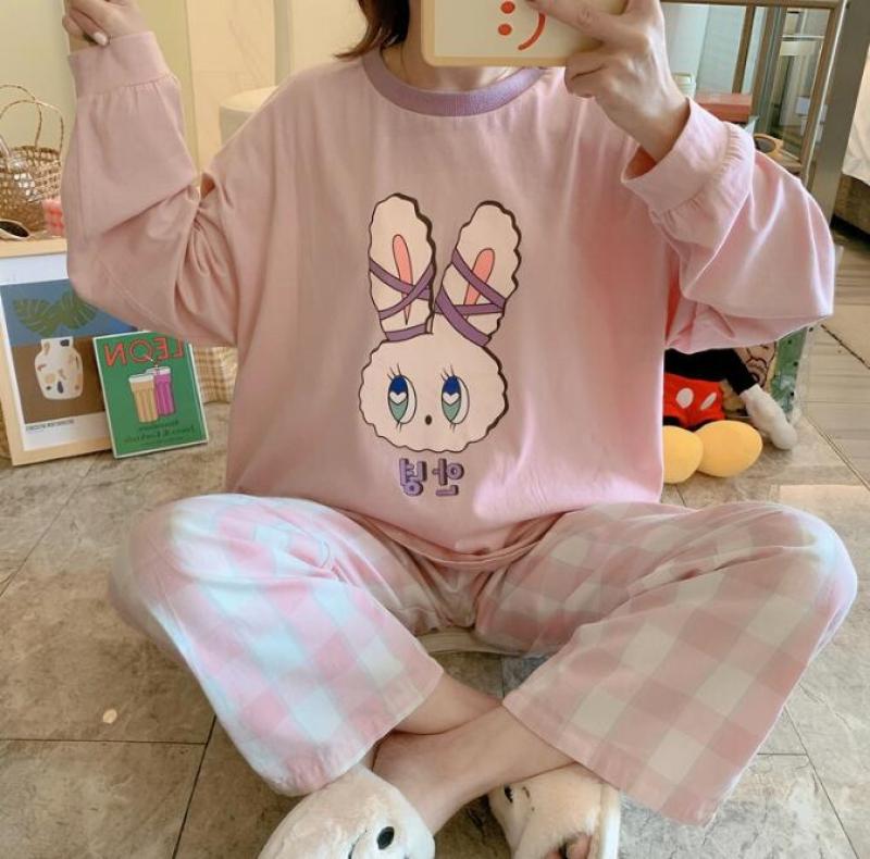 Pajamas Women Casual Autumn Long-Sleeved Round Neck Purple Collar Pink Rabbit Head Pink Lattice Pants Pajamas Set M-Xxl