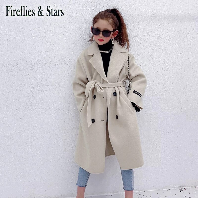 Herfst Winter Meisjes Blends Baby X Lange Jas Kinderen Uitloper Kinderen Kleding Sleeveband Dubbele Geconfronteerd Fleece Beige 3 Om 14 jr