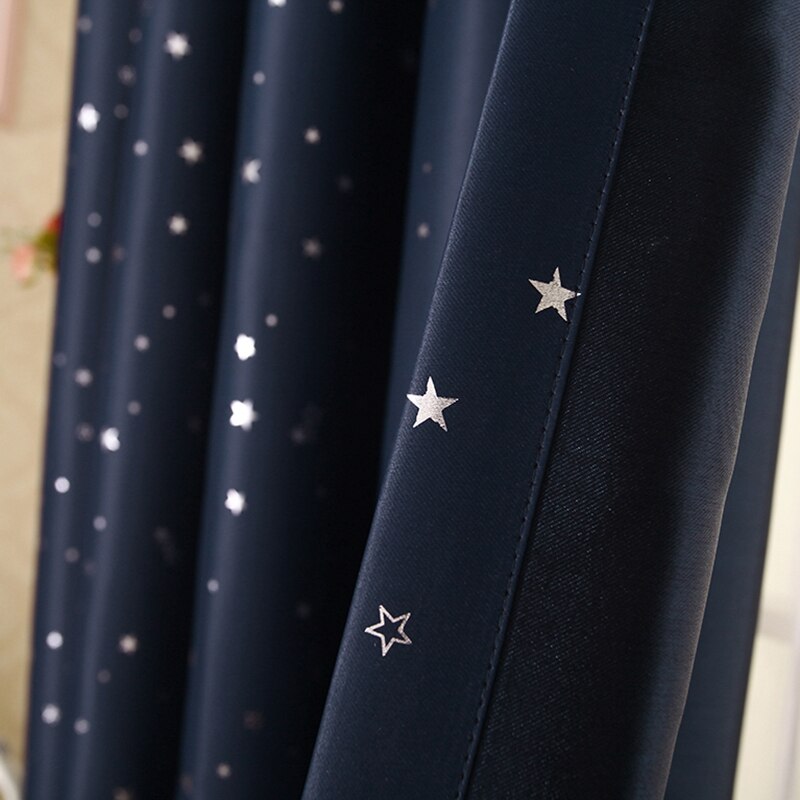 Mørklægningsgardiner børneværelse til drenge og piger, termisk isolerede gardiner med blinkende sølvstjerner, stanggardiner, (