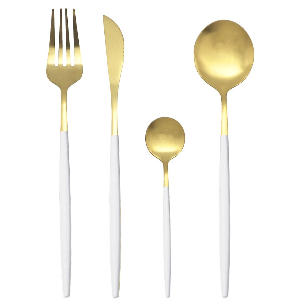 16 stk sort service bestiksæt kniv te middagsske gaffel guld rustfrit stål køkkenbestik servisesæt: 1 sæt / Hvidt guld
