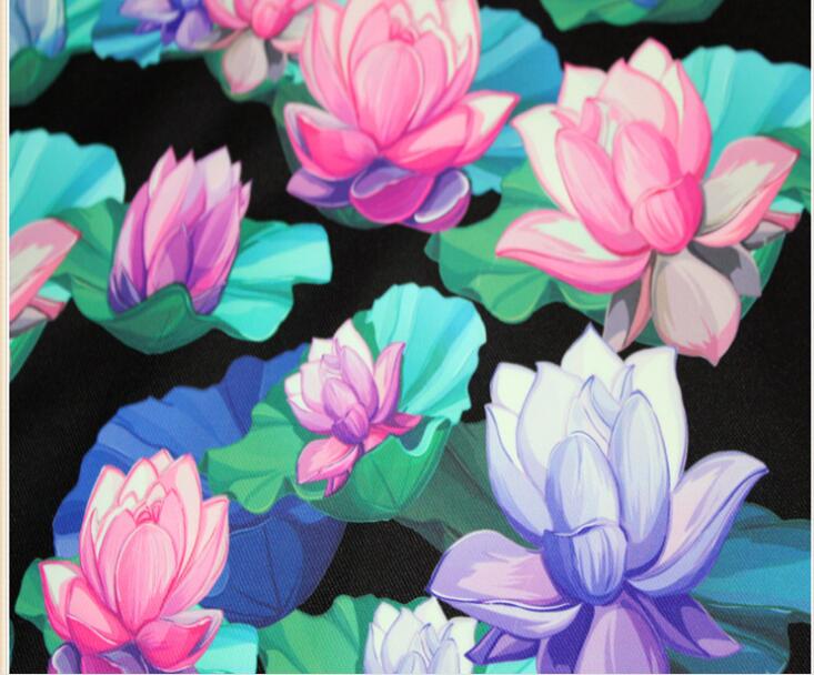 Composite fabric twill waterproof cloth ink lotus digital thermal transfer printing DIY material: Black background