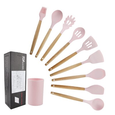 11 st silikon köksredskap set, rosa massivt trä handtag med förvaringslåda, köksutrustning kit köksredskap tillbehör: 9pc rosa