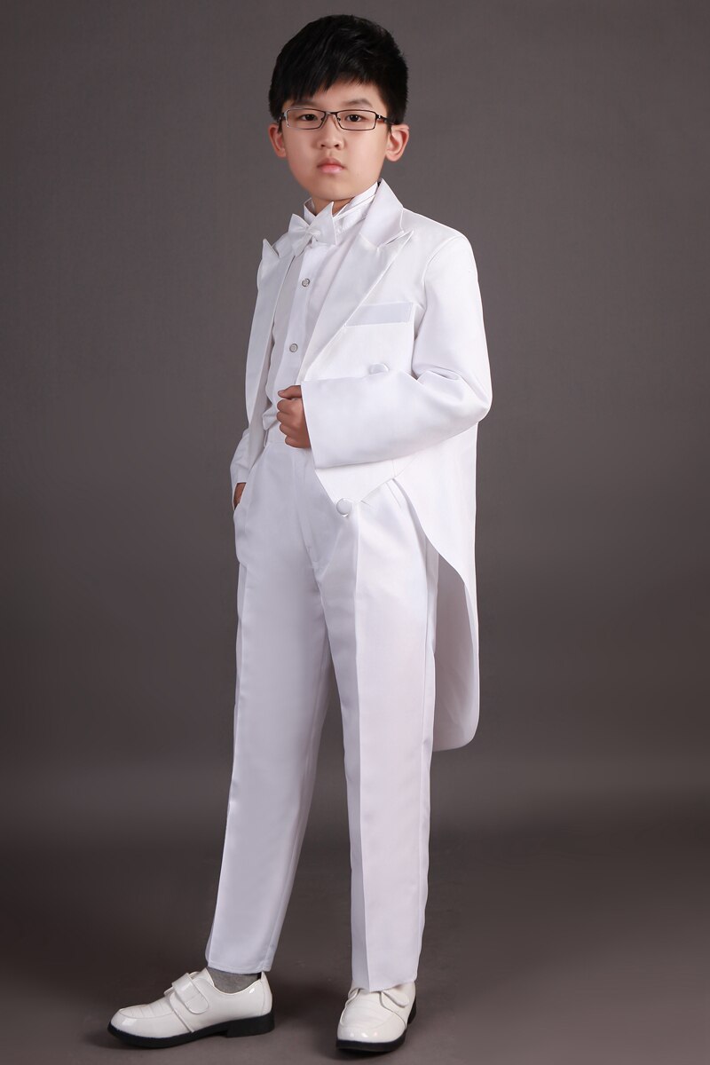 Black White Long Sleeve Tailcoat+Trousers Twinset Boys' Formal Clothes Set Dress Boys Suits Children Host Clothing Set: white / 13T