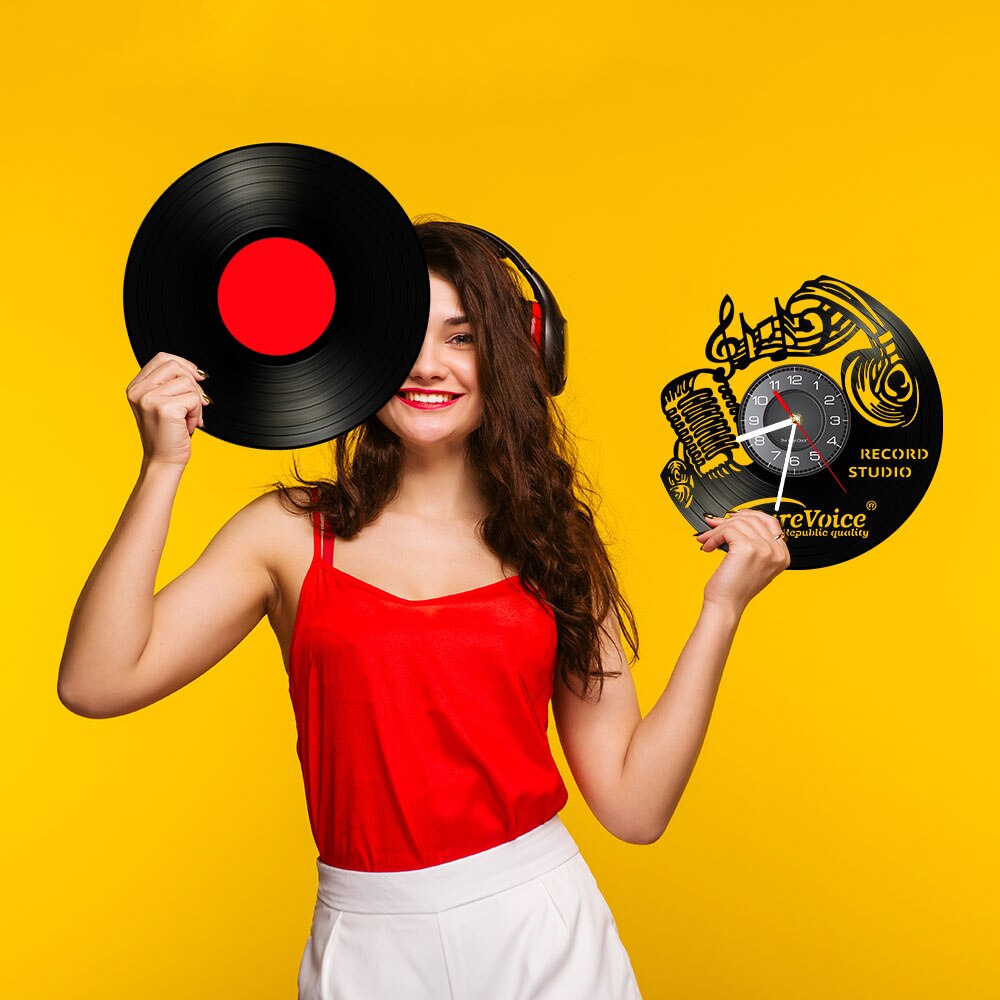 Musik Anmerkungen Mauer Kunst Violinschlüssel Vinyl aufzeichnen Wanduhr Musik Kunst Jahrgang Uhr Uhr Felsen n rollen Headset Mikrofon Zauberstab Licht