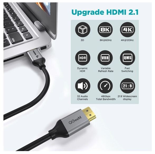 Câble Hdmi Qgeem 8K 48Gbps Hdmi 2.1 Fil Hdmi Vers Hdmi Giet Xiaomi Xbox Serie X PS5 PS4 chromebook Ordinateurs Portables Tablet