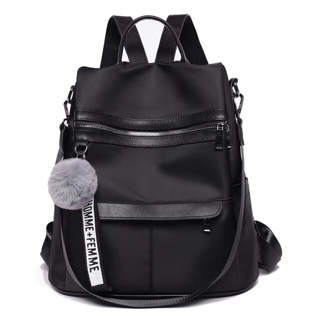 Backpack Waterproof Anti-theft Oxford Cloth Simple College Wind Bag Youth Girl Backpack Hair Ball Pendant: black