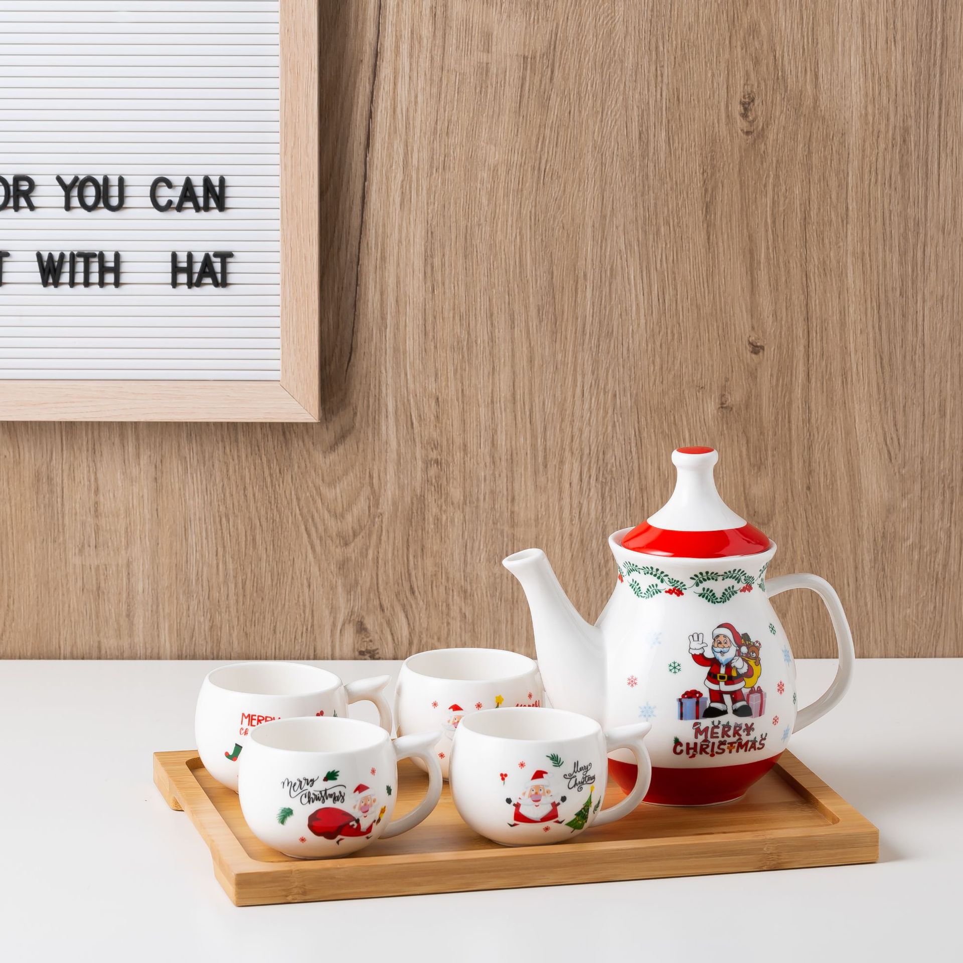 Weihnachten Serie Tee-einstellen Keramik Teekanne Wasser Tasse einstellen mit Tablett Santa Claus Tee-einstellen Tee Tasse einstellen Wohnzimmer haushalt Getränk: gewöhnliche Absatz