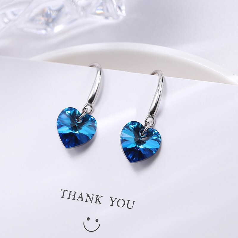 Gancho para la oreja con forma de corazón, pendientes de plata de ley S925 para mujer, aretes de circonita de cristal azul, Pendientes colgantes, de: Default Title