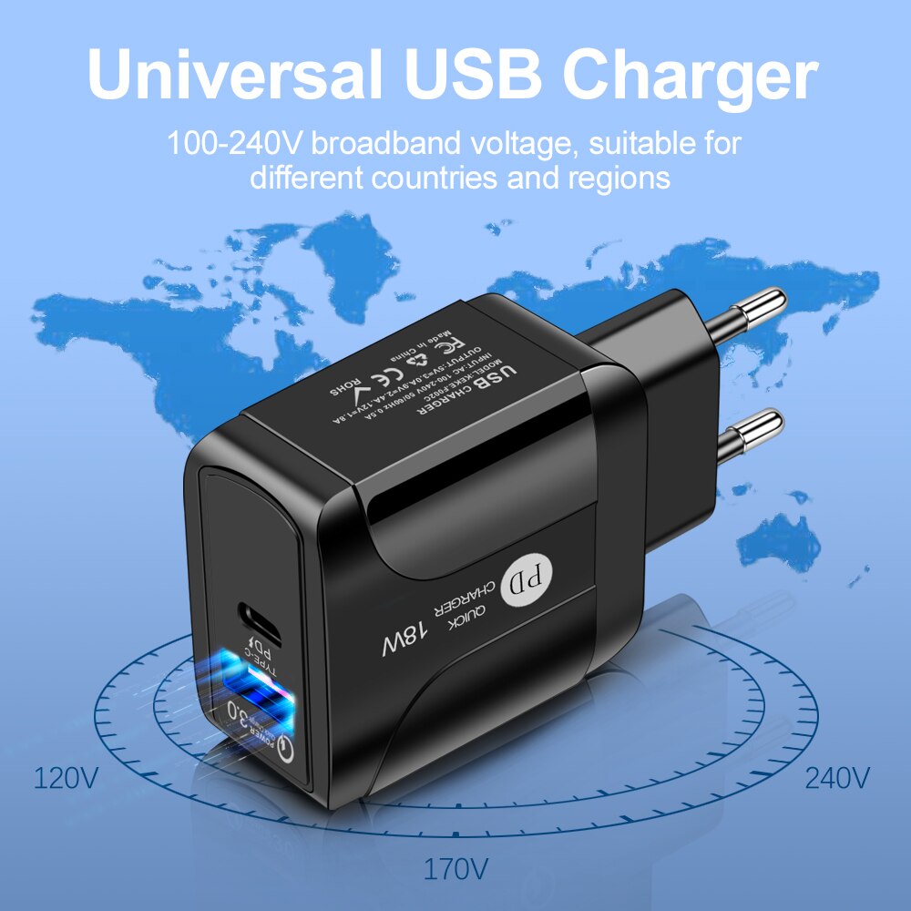 Cargador rápido USB/Tipo C para móvil, adaptador de teléfono portátil de 18W con cabezal de Carga inteligente para iPhone 12, Samsung y Xiaomi