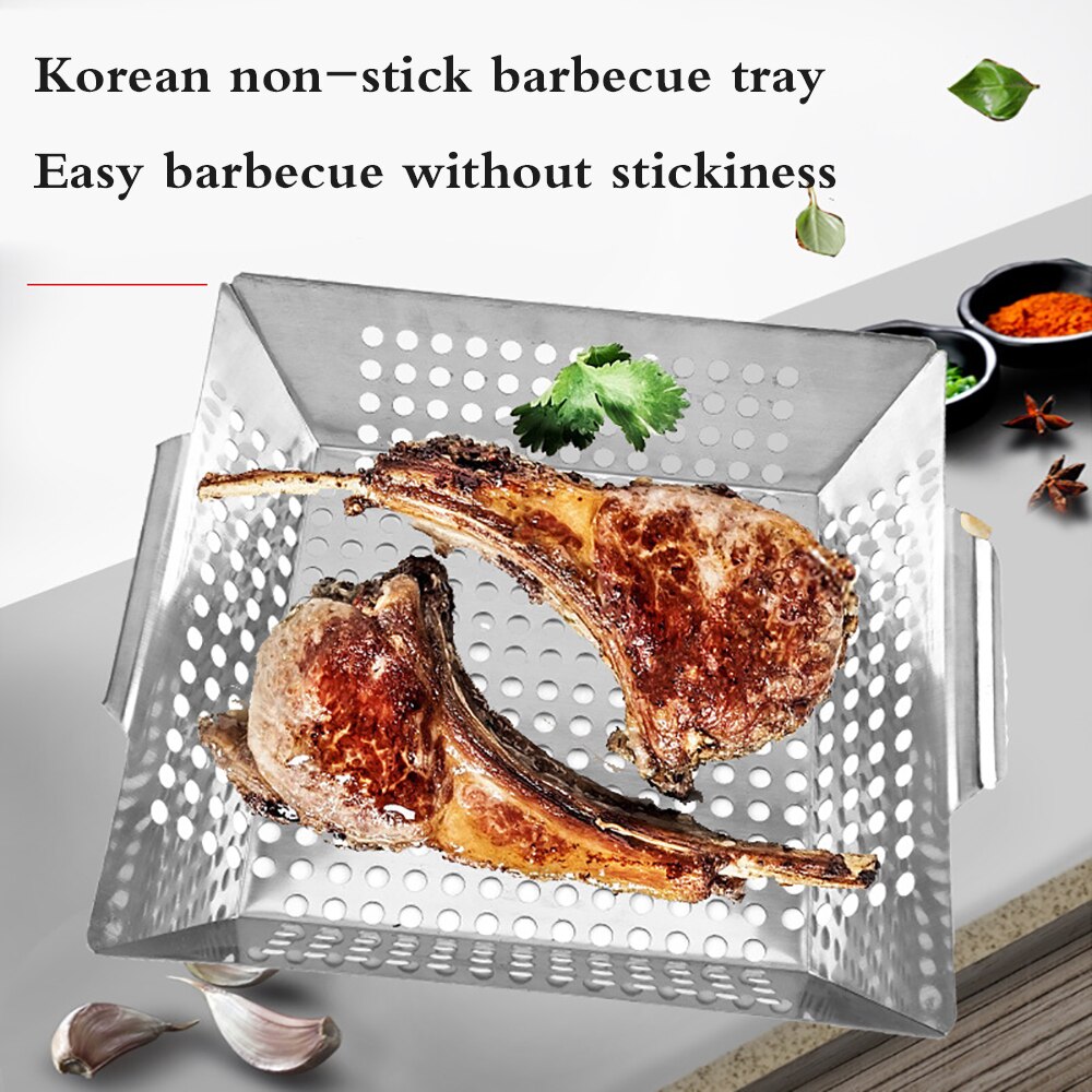 Barbecue Grill Pan Baking Tray Stainless Steel Square Vegetable Grill Basket BBQ Grid Topper Veggies Barbecue Wok Tool