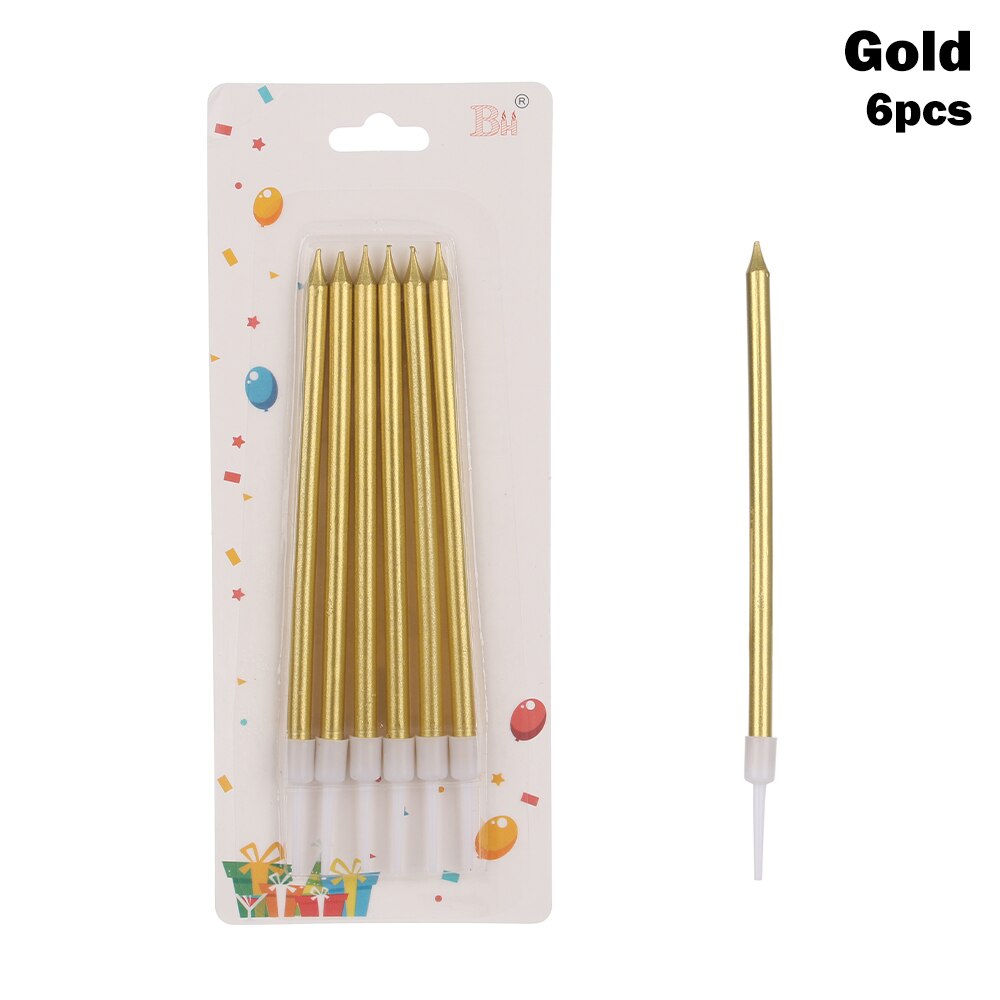 Vela para tarta de lápiz largo 6 uds., vela para tarta de cumpleaños, fuego seguro para niños, de cumpleaños, pastel de bodas, decoración con velas para el hogar: gold