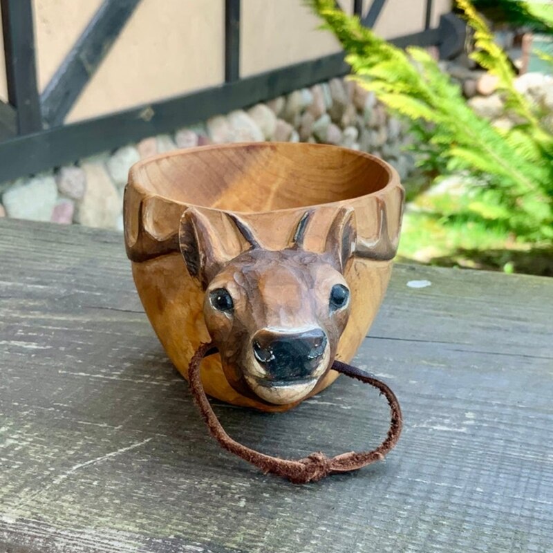 Hand Gesneden Rubber Houten Mok Dieren Hoofd Afbeelding Cup Houten Dier Mok Vorm Draagbare Camping Drinkbeker Drinkbekers