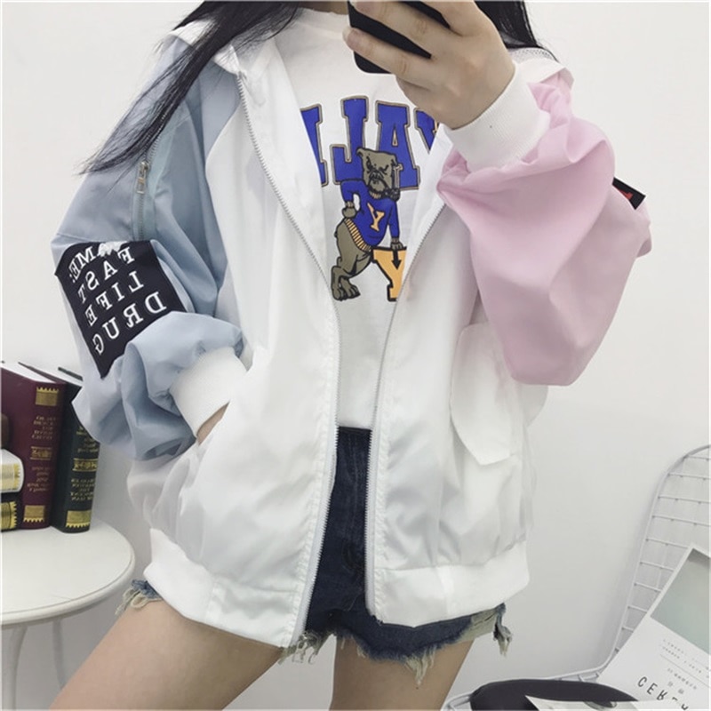 Jacket Women's Spring Jacket Women Contrast Short Jacket Long Sleeve Zipper Letter Female Jacket Korean Loose feminine Coat