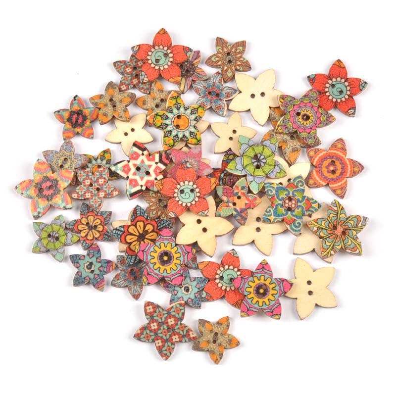 50pcs Mixed Star Buttons Flower Pattern Wooden Button 2 Holes for DIY Sewing Garmen Decoration Clothing Craft Accessories MT2269