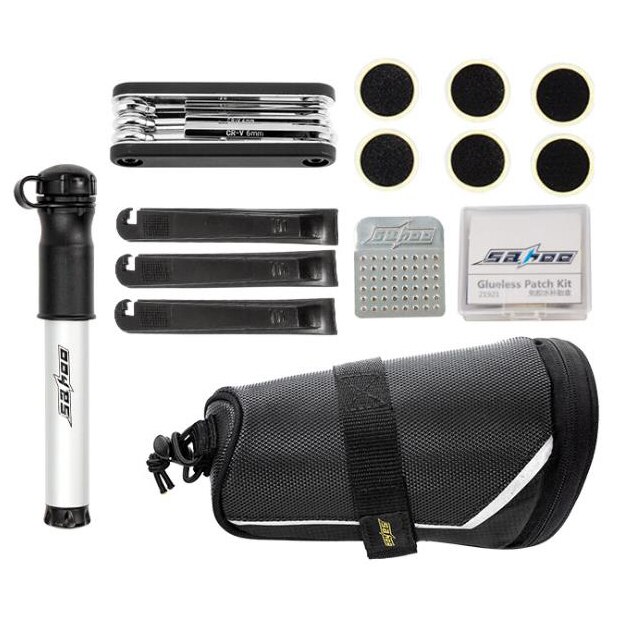SAHOO Bike Repair Kit - Saddle Bag, Mini Pump, Tire Inflator, Chain Tool, Breaker Bar: Default Title