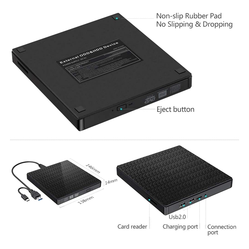 External CD DVD Drive, USB 3.0 USB-C CD DVD RW Reader Rewriter with SD TF Card Reader &amp; USB-Stick Port