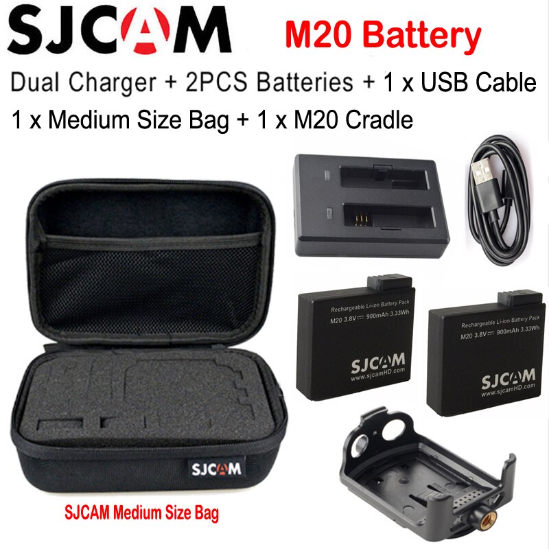 Originele sjcam  m20 batterij  (2 stuks batterijen + dubbele oplader )900 mah oplaadbare li-ion batterij voor sjcam  m20/m20 air action camera: Optie 3