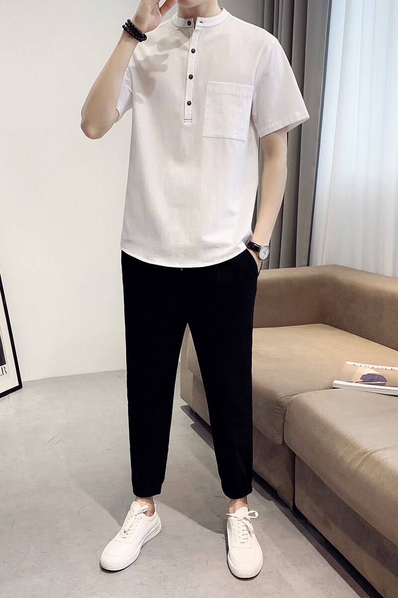 Weiß Schwarz Mandarin Kragen Han Chinesische Kleidung Für Herren 2 Pce setzt Sport Orient Bluse Und Hosen Shanghai Kostüm männer