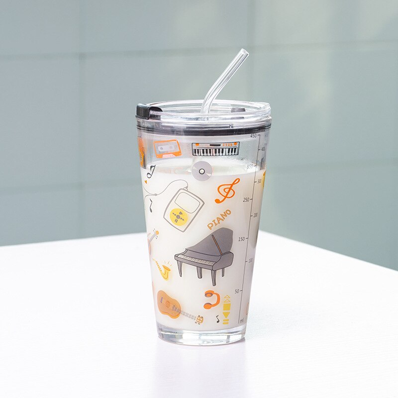 450ml glass kopp tegneserie frokost drikke vann sippy kopp glass med lokk vannkopp netto rød søt melk juice kopper: graffiti 450ml