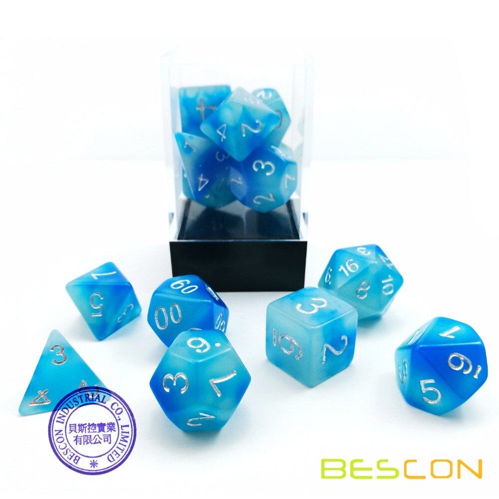 Bescon Gemini Gloeiende Polyhedrale Dobbelstenen 7 Pcs Set Icy Rotsen, lichtgevende Rpg Dobbelstenen Set D4 D6 D8 D10 D12 D20 D %, Bakstenen Doos Verpakking