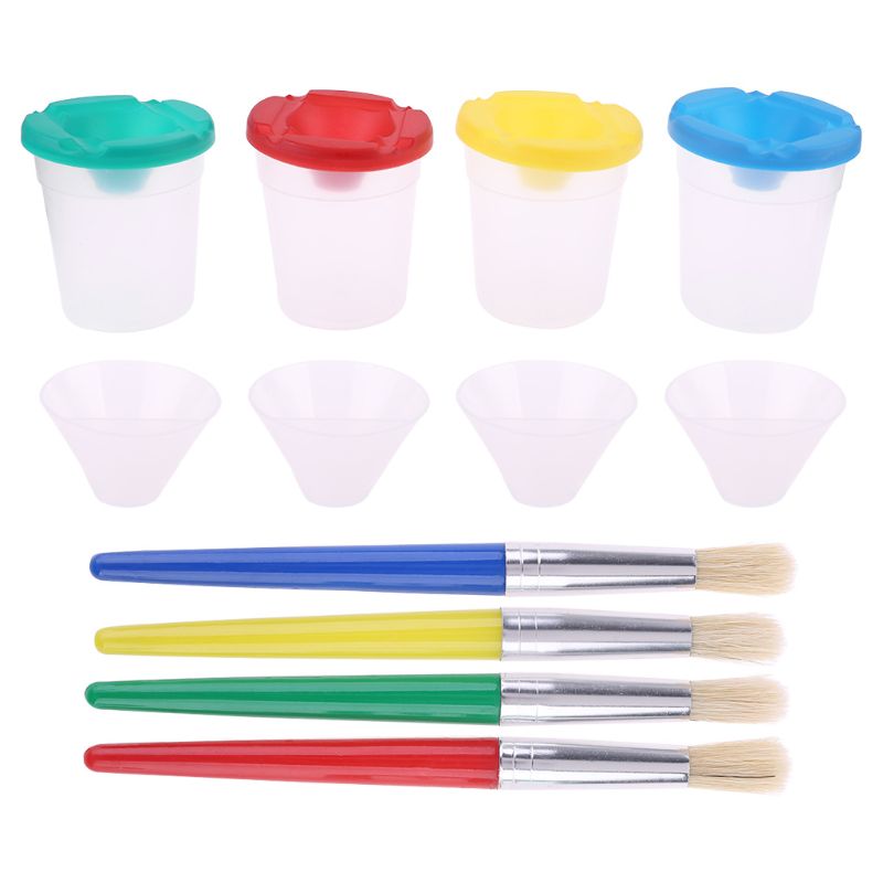 4 Kleuren Spill-Proof Verf Canists Met En 4 Onderdelen Kleuren Assorti Kinderen Penselen Set