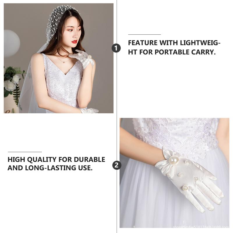 1 Pair Wedding Bridal Satin Gloves Imitation Pearl Inlaid Gloves for Lady White