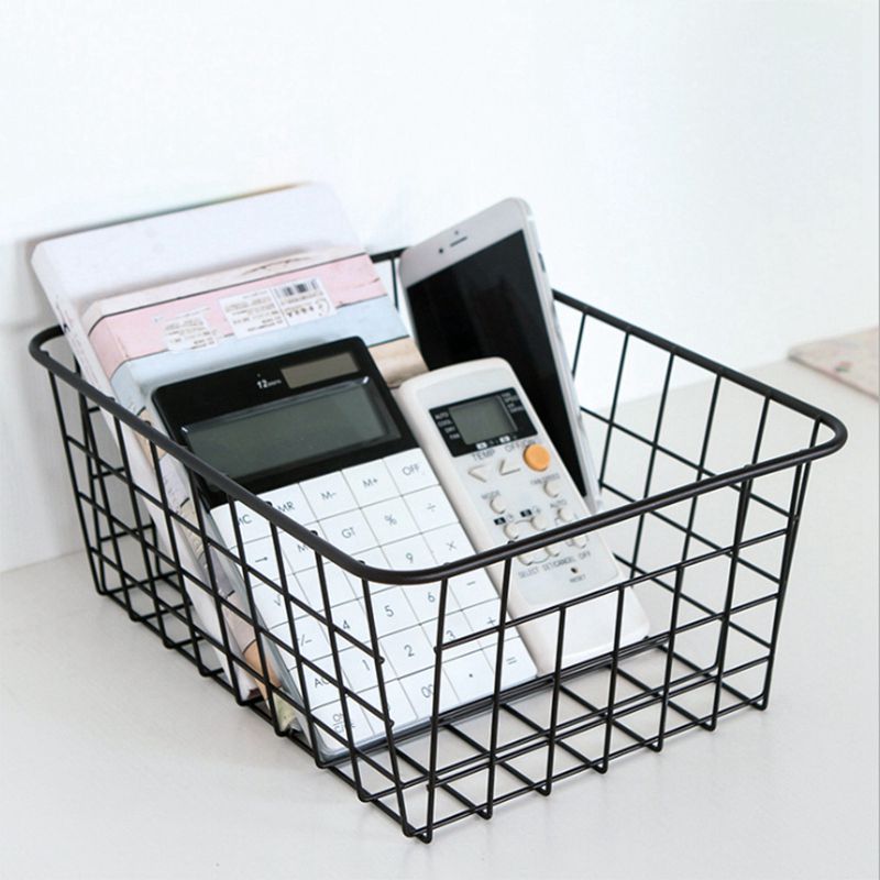 4Pcs Food Storage Box Clear Container Set with Household Iron Kitchen Bedroom Sundries Snack Storage Basket Black