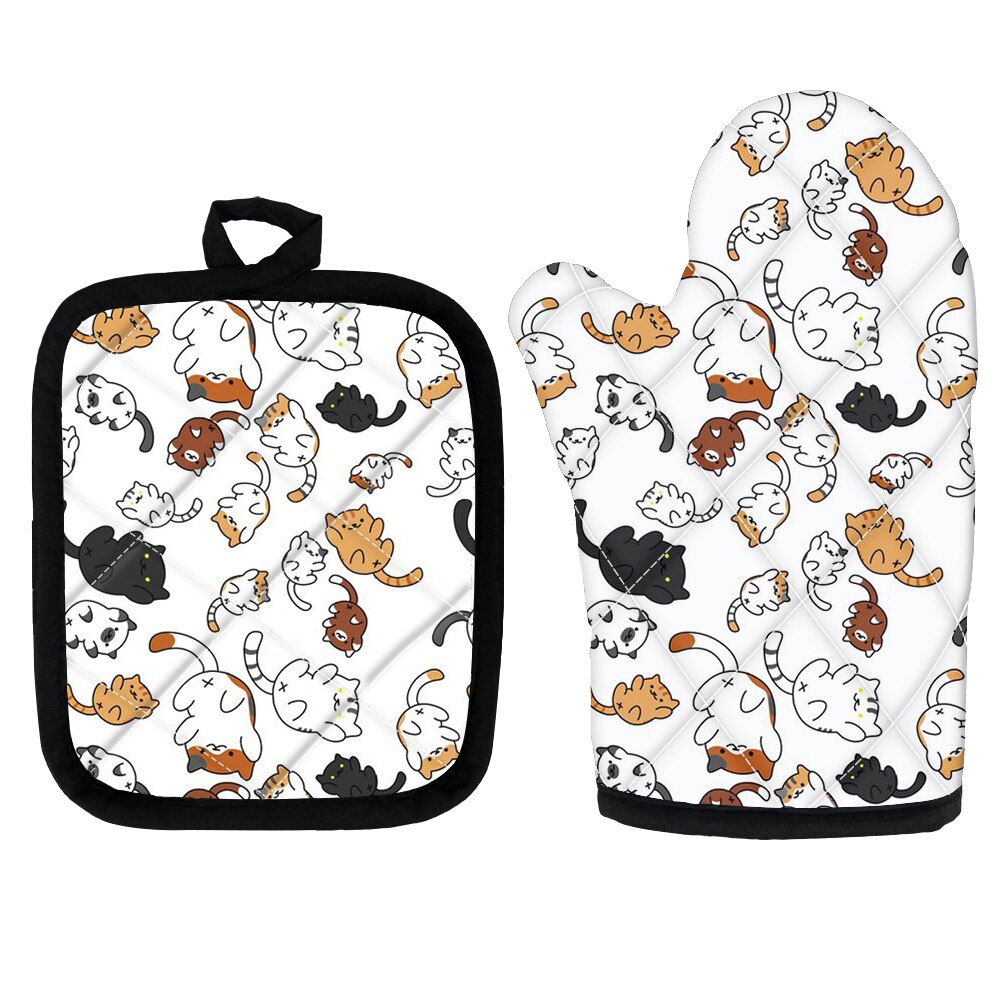High Heat Protect Gloves Cute Cartoon Cat Print Polyester Microwave Oven BBQ Mitt Potholder Kitchen Mittens and Pad for Cooking: Z6324D19