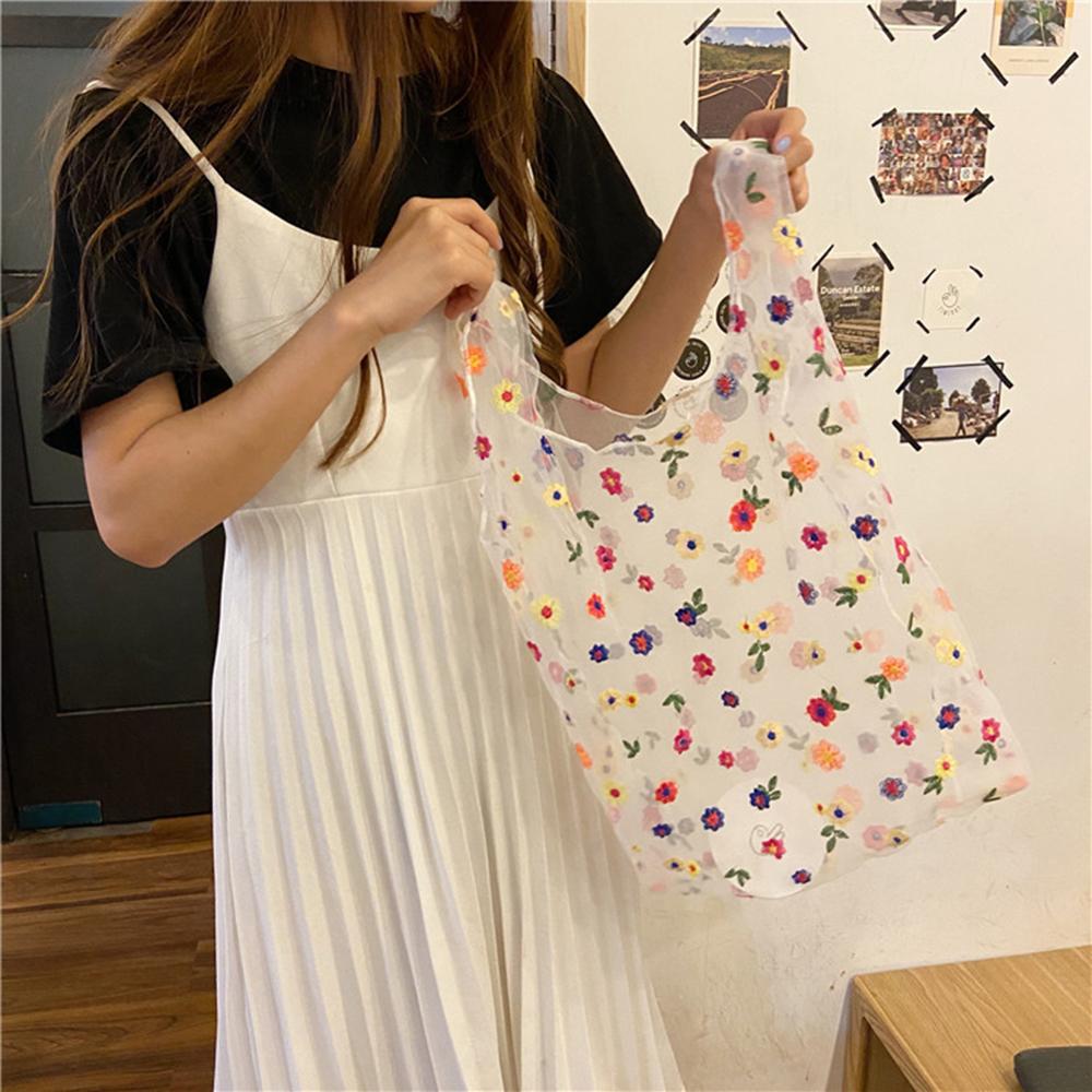 Spring Women Small Transparent Tote Mesh Cloth Bag Daisy Embroidery Handbag Eco Fruit Bag Purse For Girls: Style D-Multi