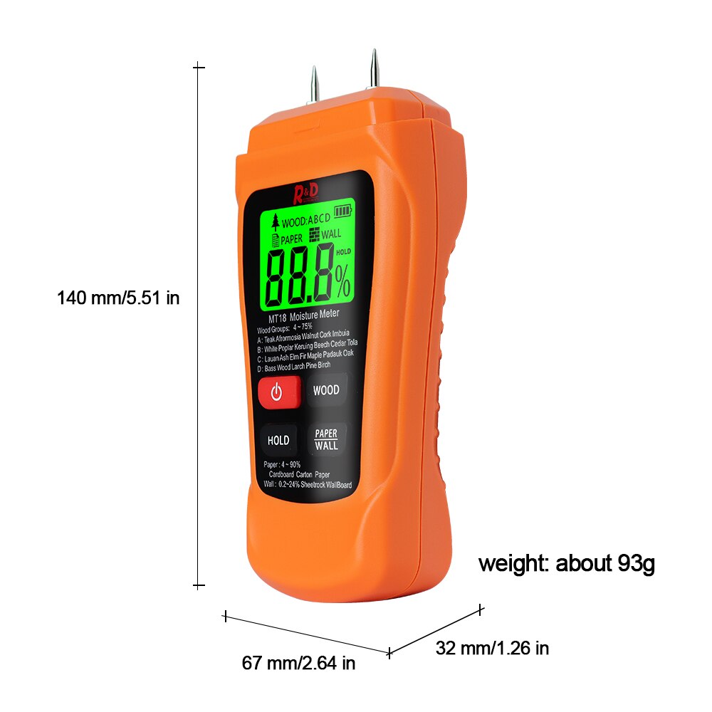 Medidor Digital de humedad de madera, higrómetro de pared, Detector de humedad de madera, 2 pines, naranja, MT-18, 0-99.9%