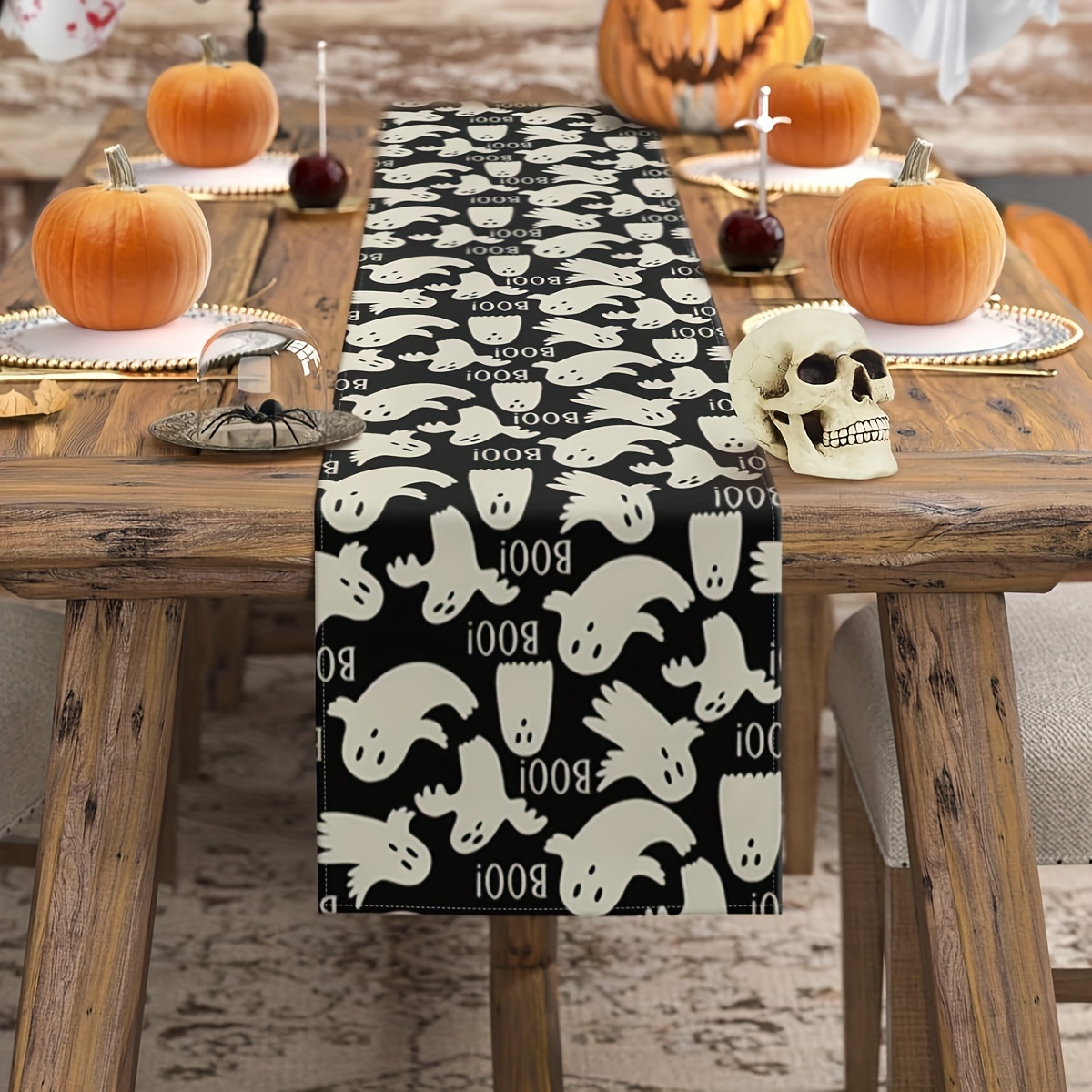 Camino de mesa de tela de fantasma de Halloween bohemio, decoración del hogar, camino de mesa de cocina negro festivo tejido, adecuado para suministros de: 30 x 180 cm