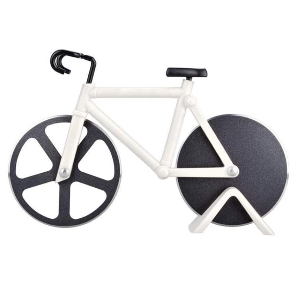 Cortador de Pizza con forma de bicicleta, cuchillo antiadherente de dos ruedas para cortar Pizza con soporte, herramienta de Pizza de acero inoxidable, suministros de cocina: White