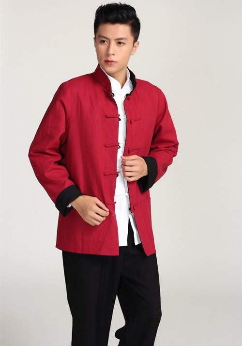 Style chinois Tang costume haut Vintage lin deux veste latérale pour hommes uniformes d'arts martiaux