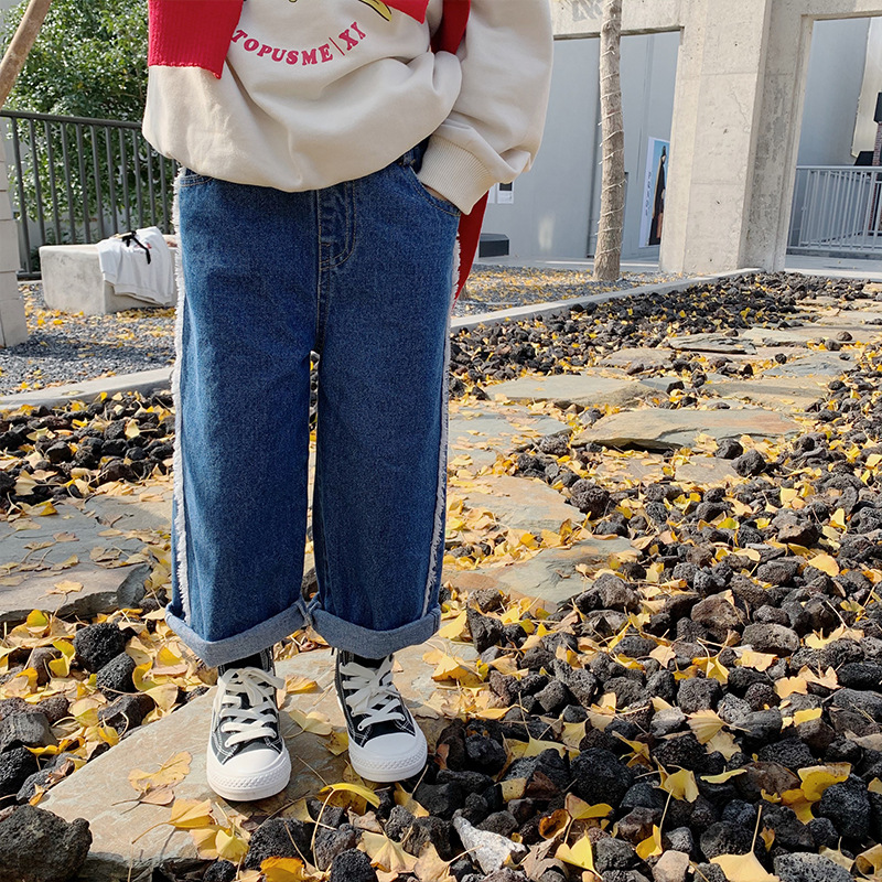 Jean à lisière rugueuse sur le côté pour filles, pantalon en denim à jambes larges assorti pour enfants de 2 à 7 ans, à la , printemps