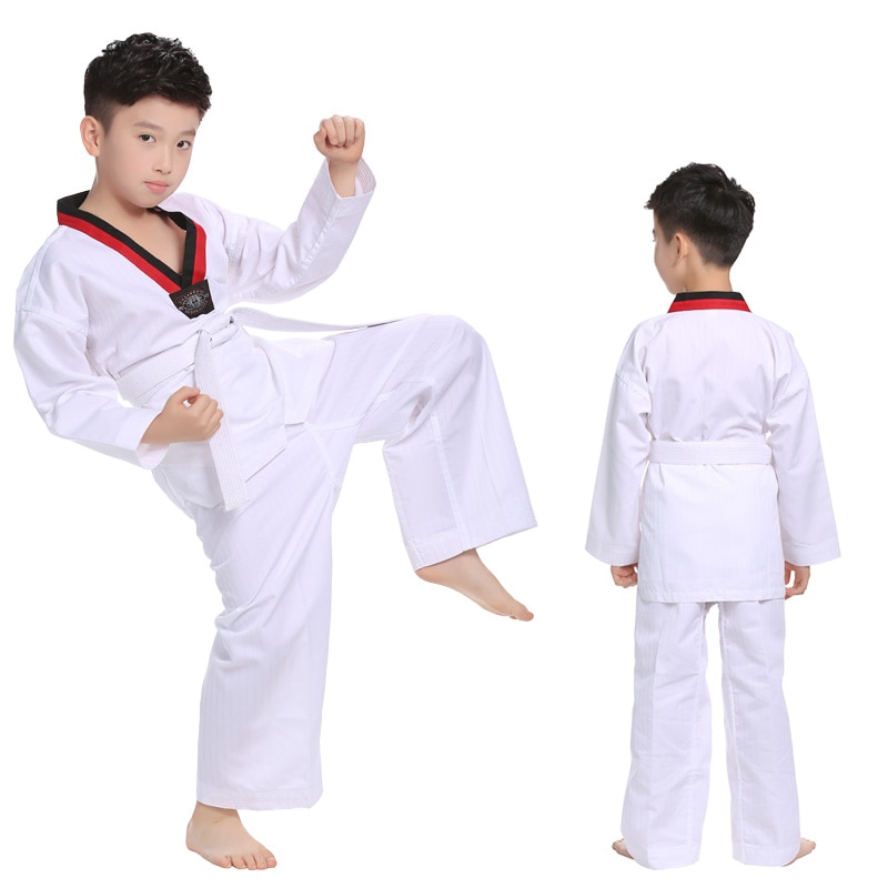 Kid 'S Wit Katoen Wtf Karate Uniform Mannen Taekwondo Dobok Kleding Met Riem Kinderen Volwassen Lange Mouwen Tkd Training kleding