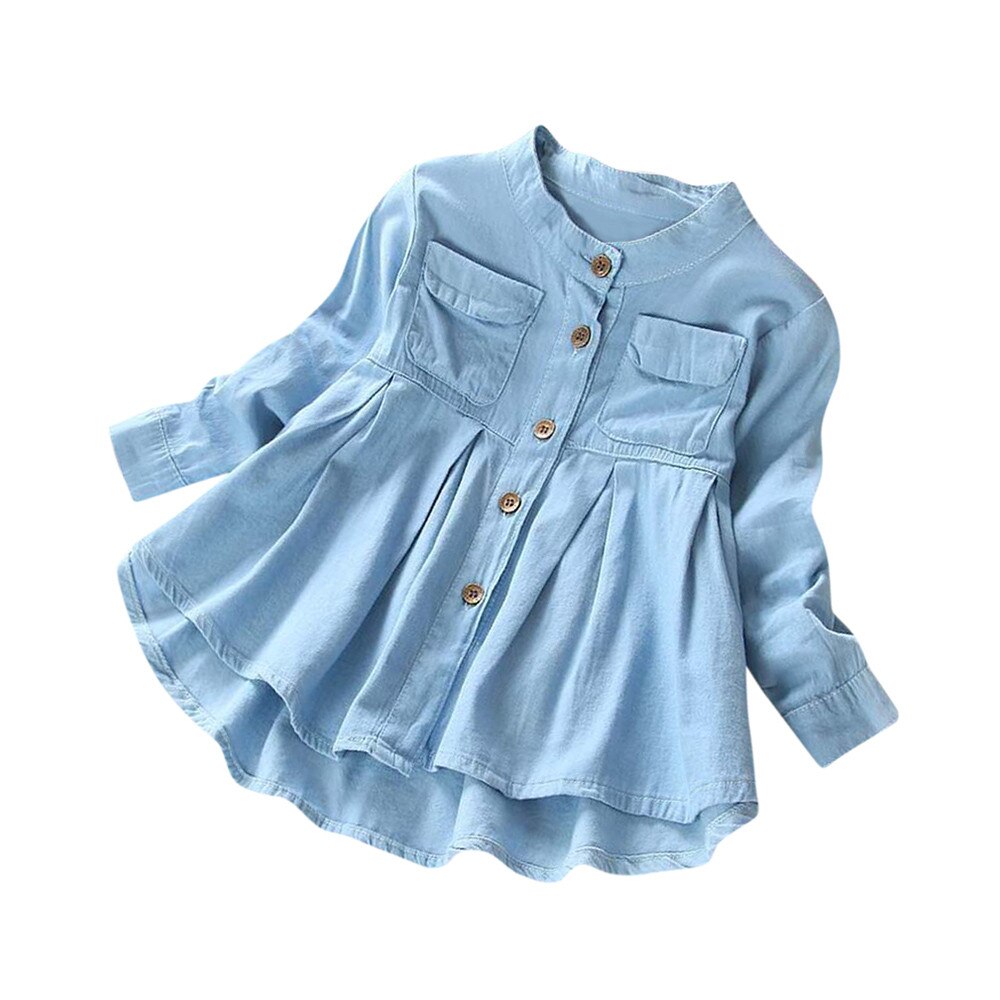 Denim Increspato Bambini Camicetta Camicia Del Bambino Del Capretto Del Bambino Delle Ragazze Del Manicotto Lungo casual Magliette e camicette Del Bambino Delle Ragazze della Camicetta Vestiti Del Bambino roupa infantil: 3T