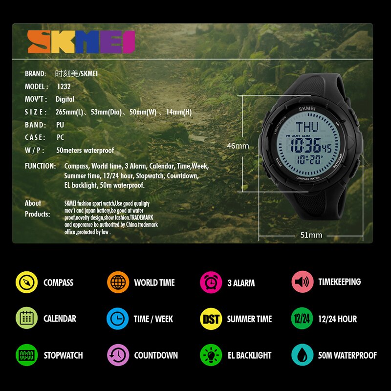 Relojes de pulsera digitales SKMEI 1232 para hombre, brújula, relojes con luz mundial, repetidor, alarma de cuenta atrás, reloj deportivo, reloj Masculino