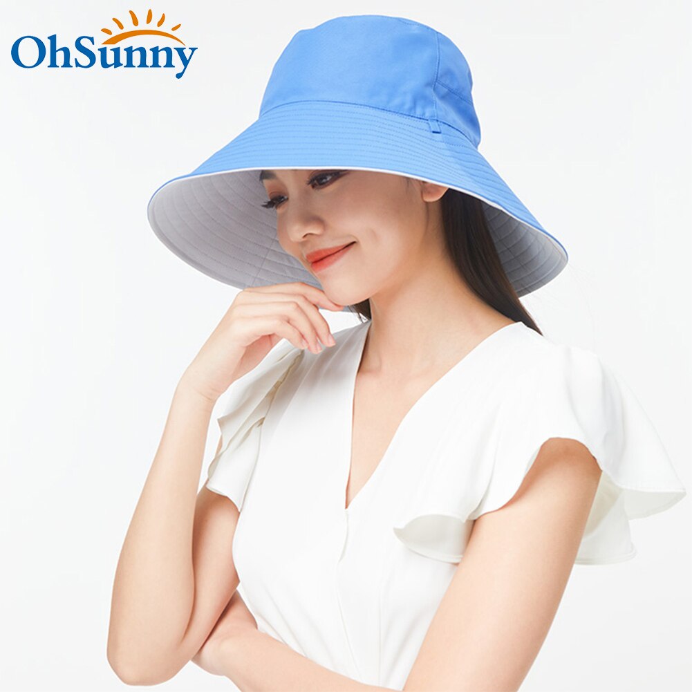 OhSunny Double-Sided Wearing Cap Solid Color Anti UV Sunscreen Bucket Hats For Women Summer Foldable Large Brim Fisherman Hat