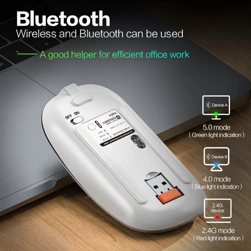 Inphic  m1 Profi kabellose maus, wiederaufladbare, geräuschlose maus, bluetooth-funkmaus mit drei modi, akkuanzeige + usb-c-ladefunktion