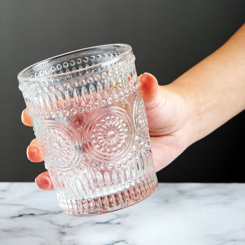Sense of Weight 250-380ml Vintage Embossed Wine Cup Ins Whiskey Vodka Sun Flower Stemless Golden Mouth Ice Coffee Bar Drinkware: 260ml