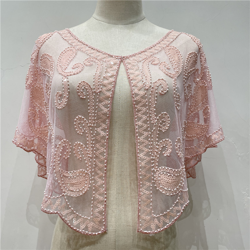 Chal de los años 20 para mujer, capa de noche decorativa con lentejuelas y cuentas, Bolero, Flapper, vestido de novia europeo y americano, chal en el escenario: Rosa