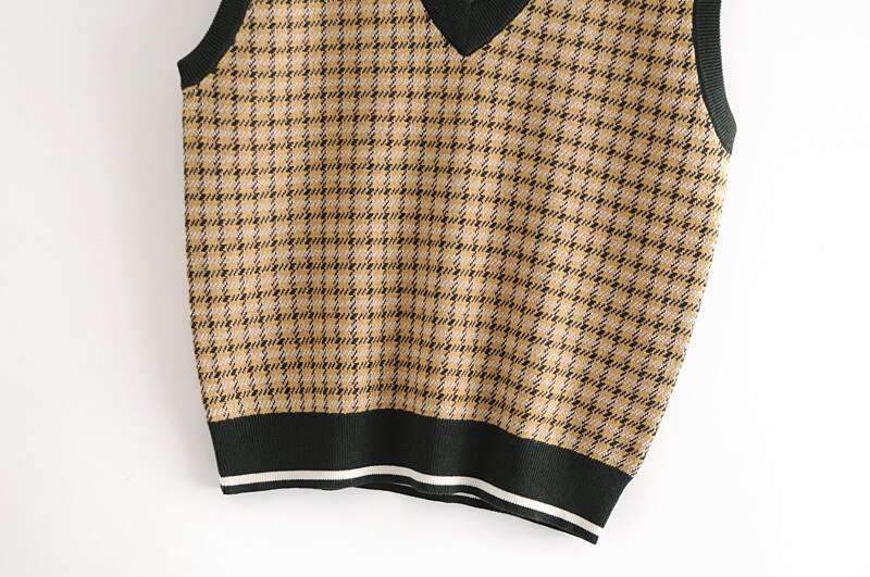 Vintage v-ringad väst stickad tröja slimmad rutig streetwear tröja dam tröja ledig lös oversize chica toppar