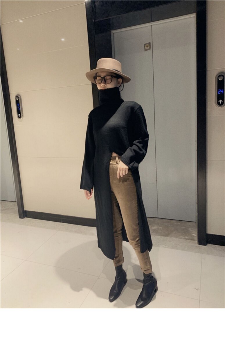 Suéter de cuello alto de punto para mujer, jerséis largos de otoño e invierno, jerséis partidos de calle, ropa holgada para mujer: Black