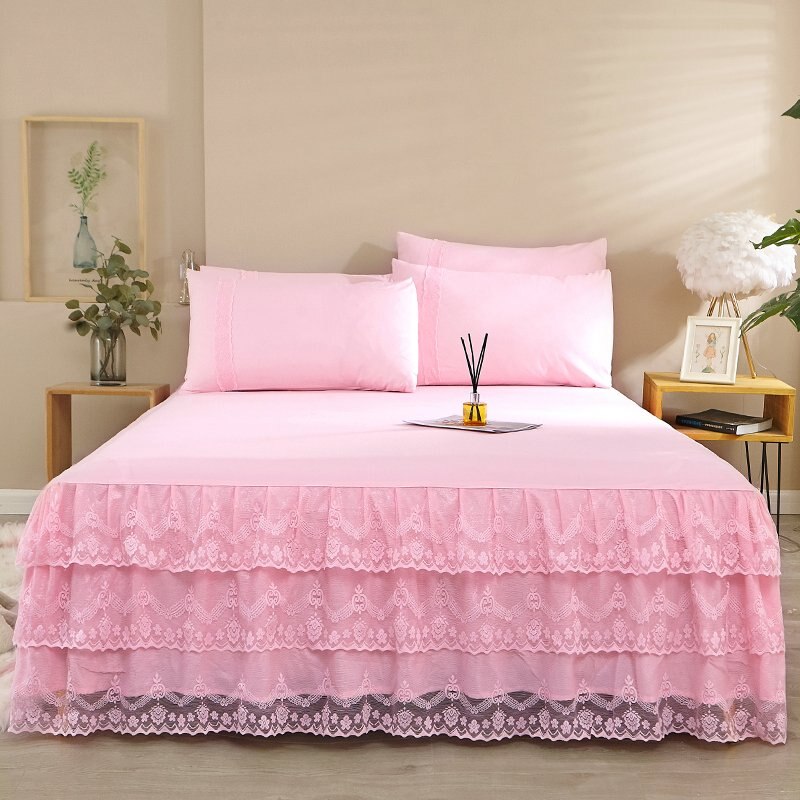 3 stk/sæt pink beige romantisk prinsesse sengeskørt trelags blonde sengetøj madrasbetræk dobbelt enkelt boligtekstil 1.5/1.8/2m: Lyserød / 150 by 200cm 3 stk