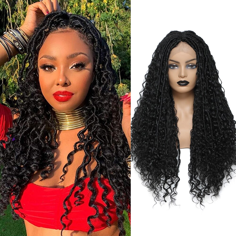 Soku Brown Dreadlocks Braided Wigs Synthetic Lace Frontal Wig with Faux Locs Curly River Crochet Braid Middle Part Braids Wig: #1B
