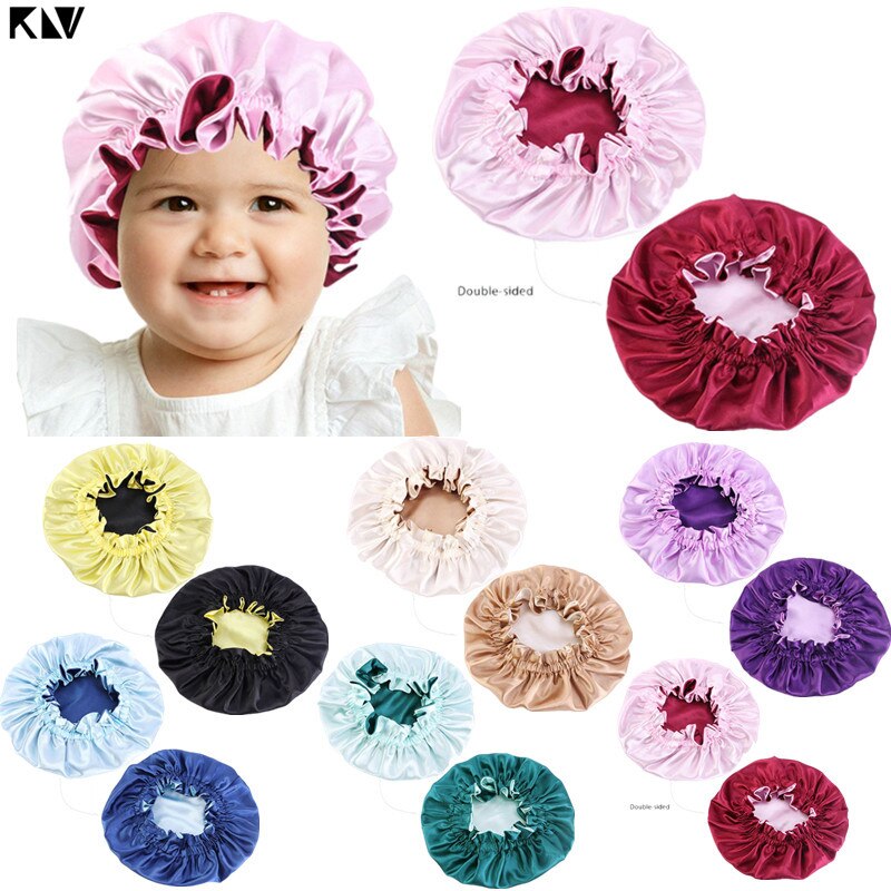 Bonnet de nuit en Satin soyeux pour bébé, Double couche réglable, Turban de nuit pour fille, couleur unie, mignon, à la ,