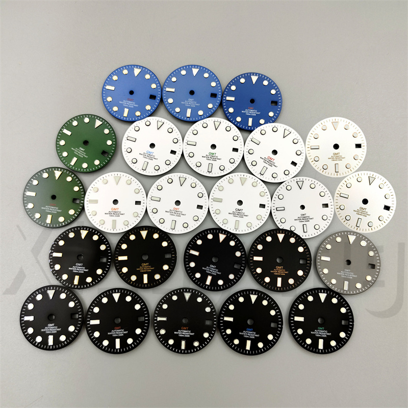 29mm Glossy Watch Dial Black White blue Dial Green Blue Red Orange GMT Text Black Gold Rose Edge Fit NH34 Movement C3 Luminous