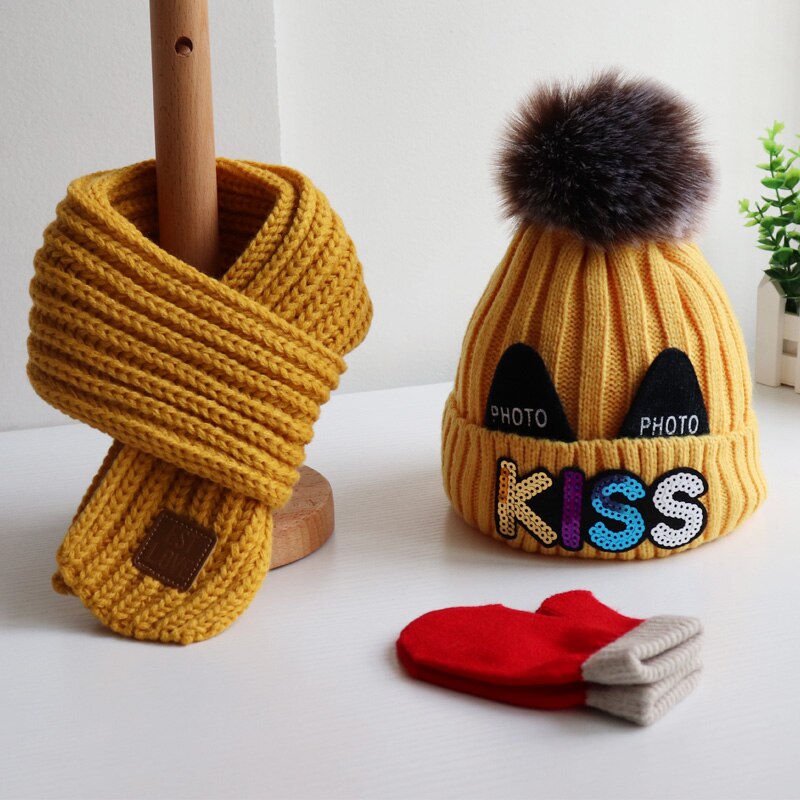 Conjunto de tres piezas de guantes para sombrero y bufanda para niños y niñas, en otoño e invierno, precioso gorro de lana tejido y bufandas cálidas: yellow