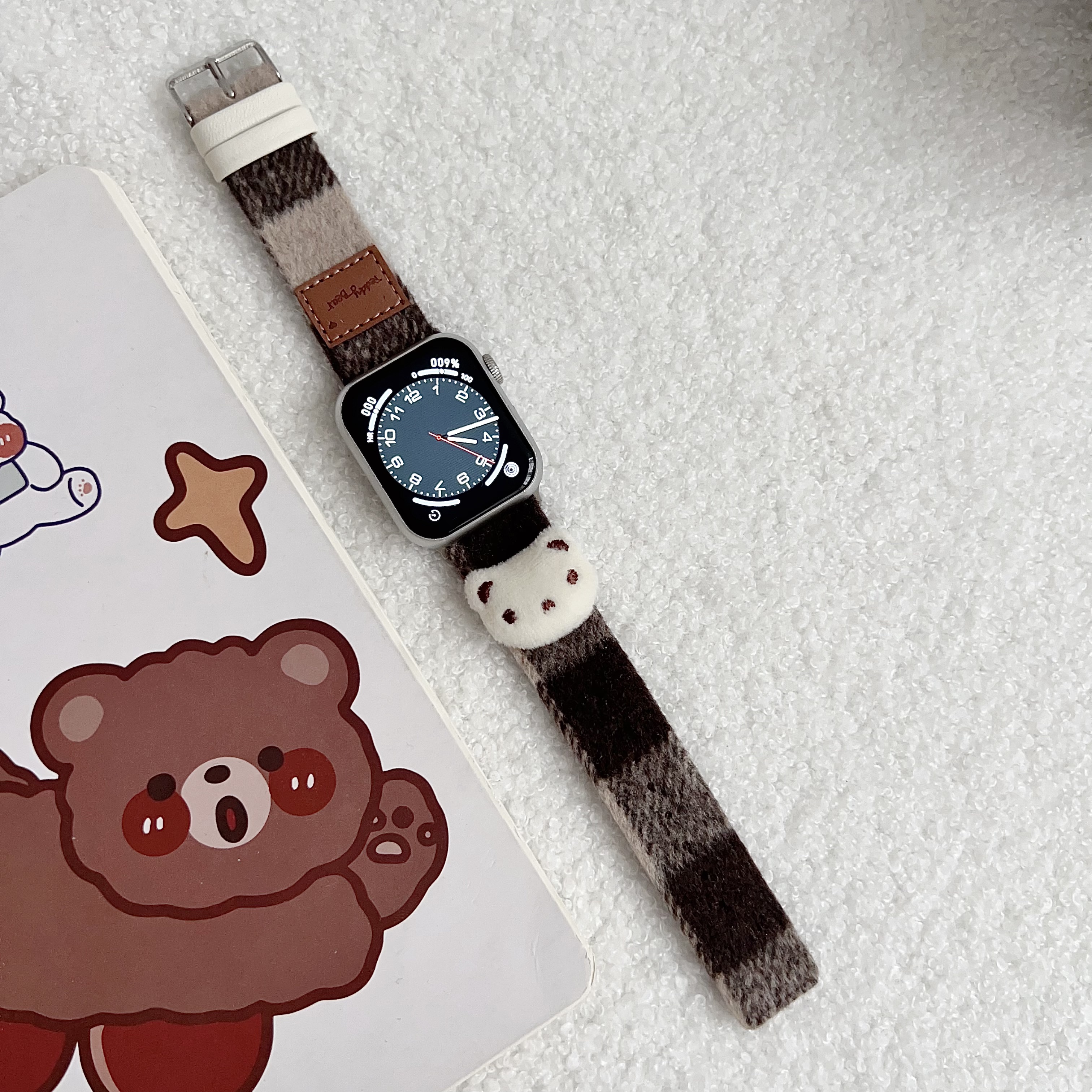 Leren band voor Apple Watch Band Meisjes Schattige beer Armbandketting met Iwatch9876SE Ultra40 41 44 45 mm Dames Pluche Doek Pols: M / Steenkool zwart