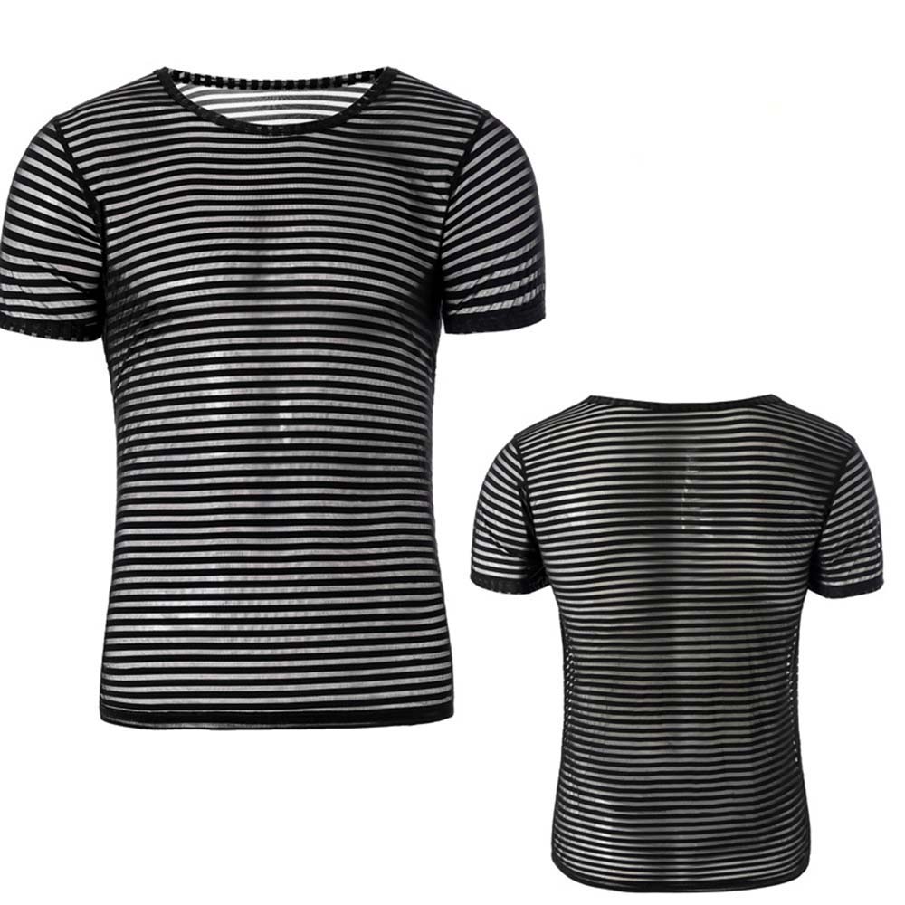 Unisex Undershirt Sexy Mesh Sheer Basic Shirts O-neck Gay Short Sleeves Slimming Undershirts Inner Tops Pajamas Sleeping Wear